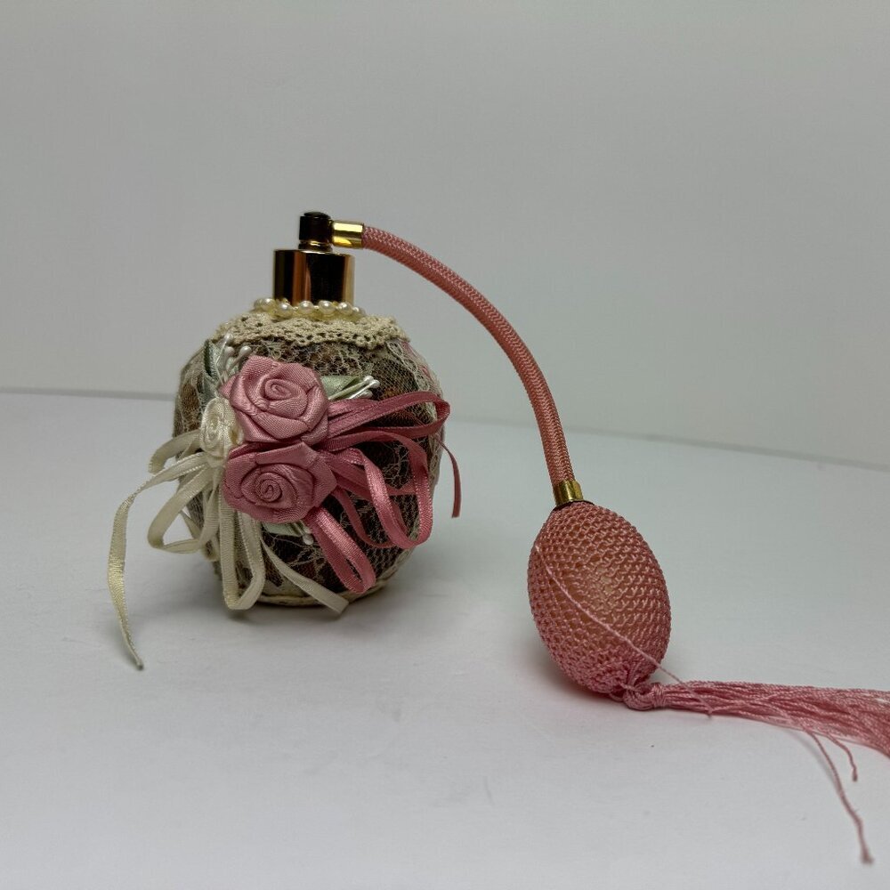 Vintage Perfume Bottle with Atomizer Lace Satin Flowers
